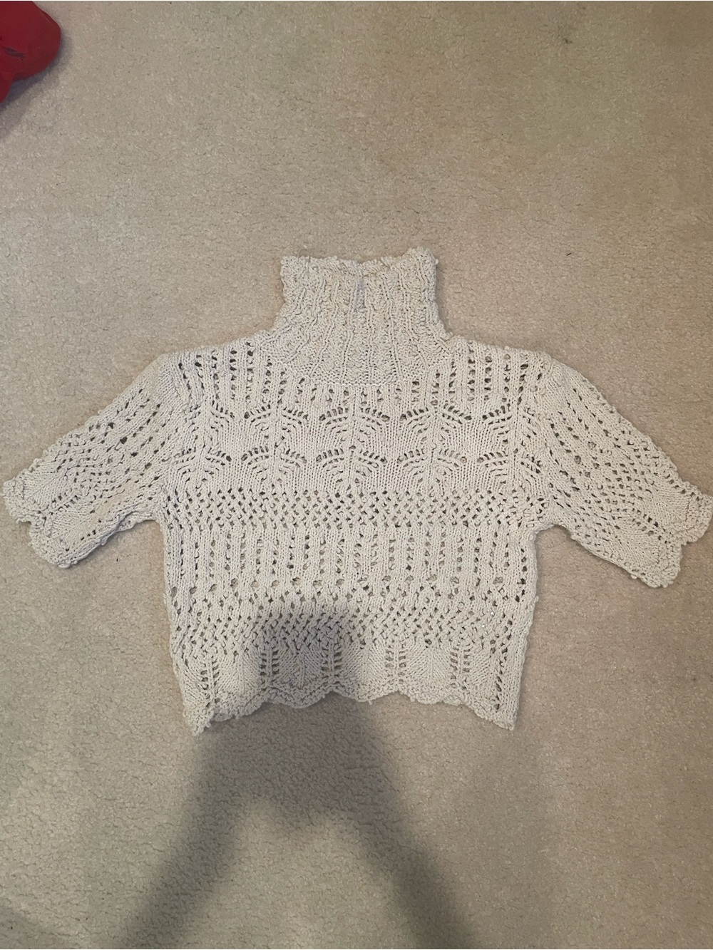 Zara Cream Open-Knit Short-Sleeve Turtleneck Sweater